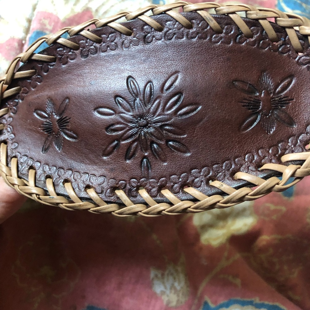 Handcrafted Brown Leather Floral Woven hair barrette.